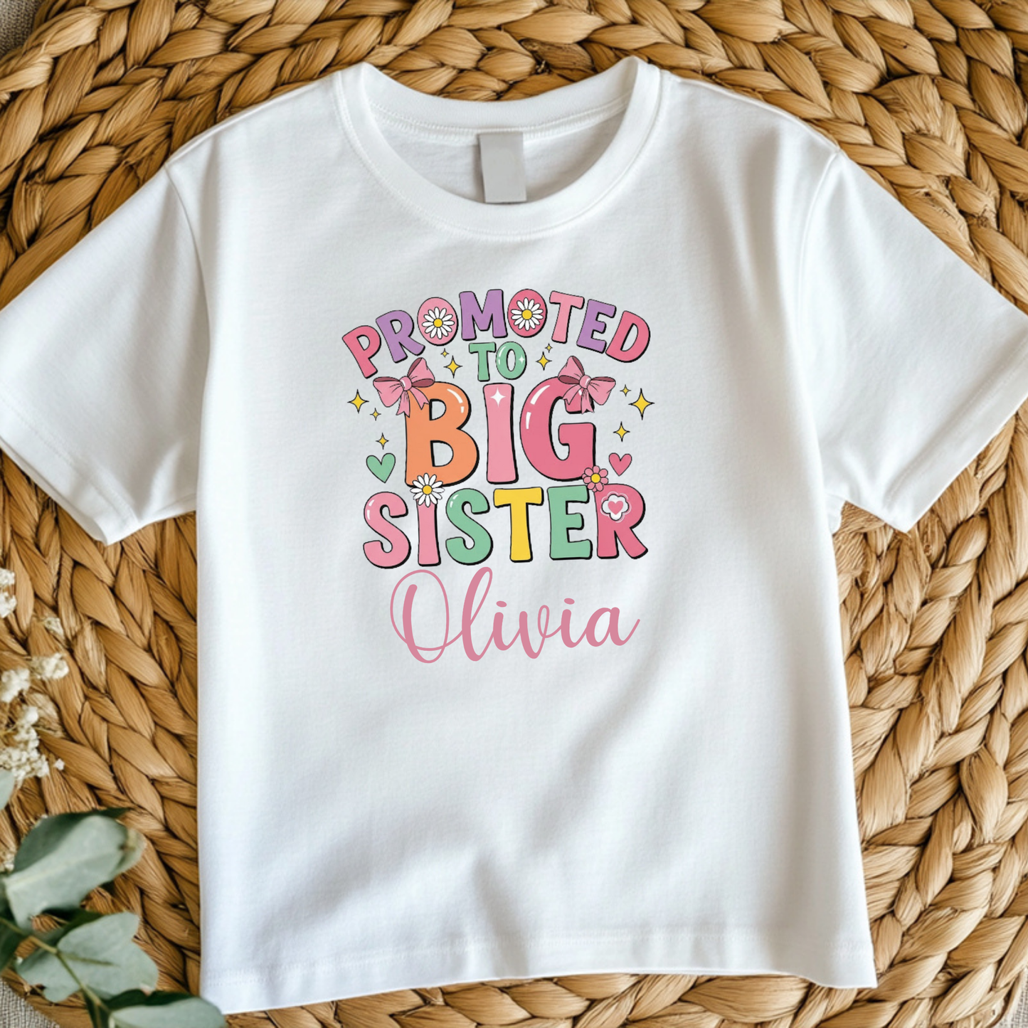 Personalised “Promoted to Big Sister” shirt – a heartfelt way to celebrate your growing family. Available in multiple sizes and colours.