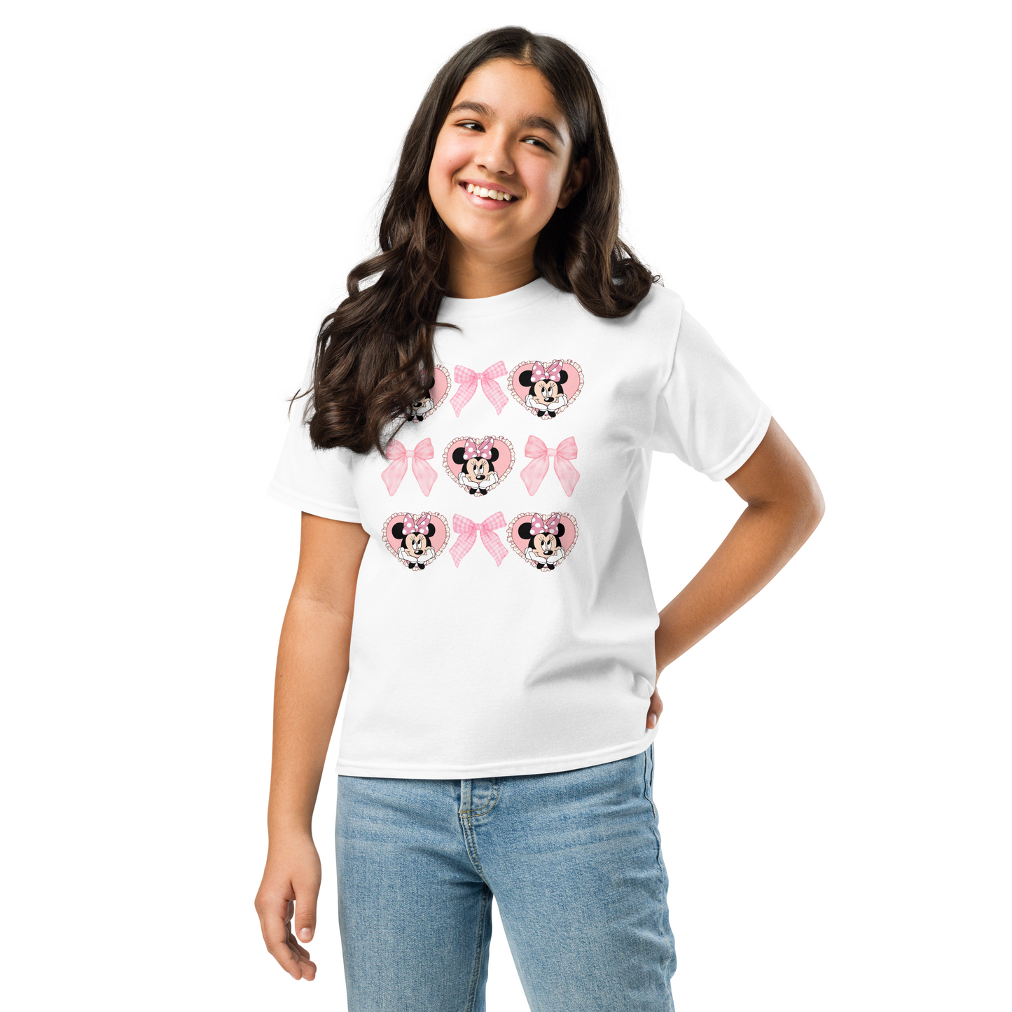 Custom Minnie Mouse birthday shirt gift for girls, with hearts, bows, and silhouette in a coquette style