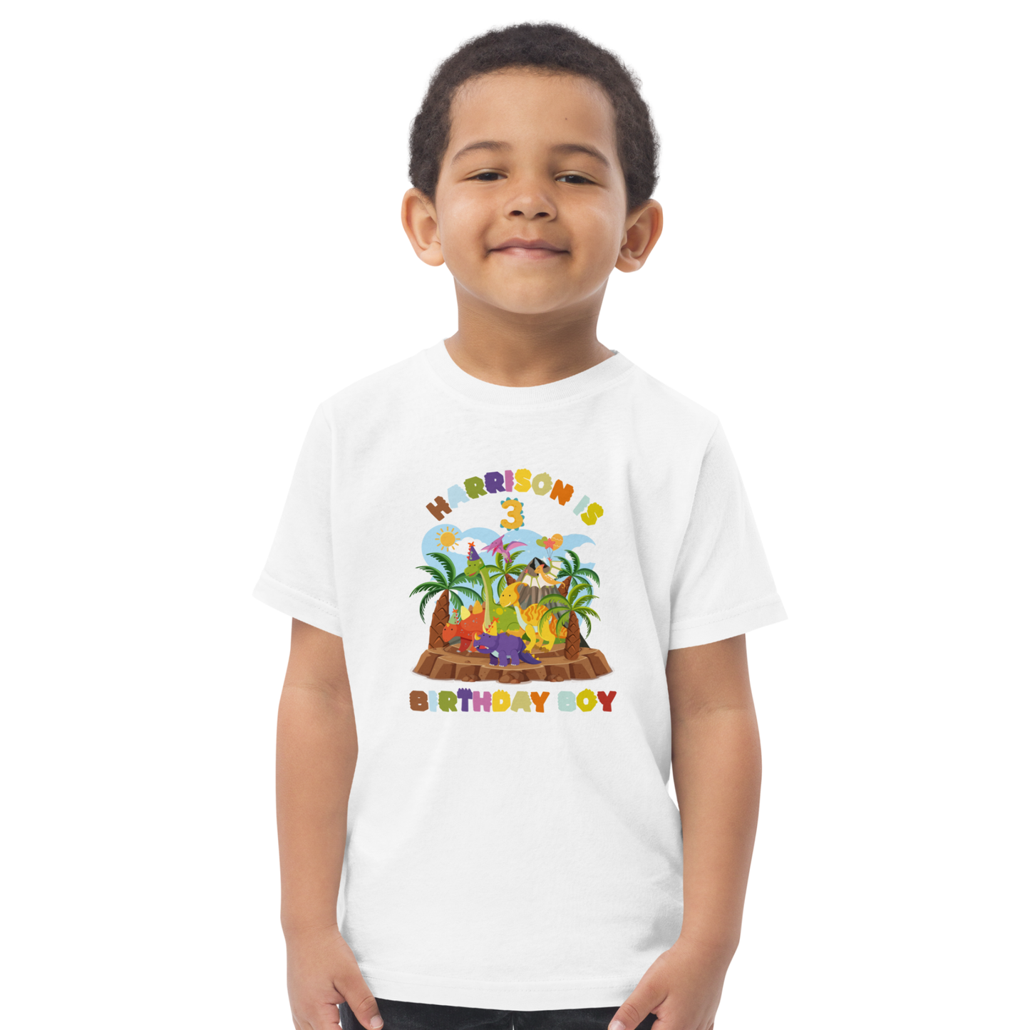 Toddler wearing custom 1st birthday dinosaur t-shirt