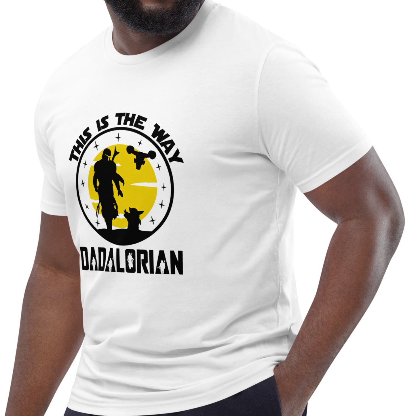 Men’s cotton t-shirt with pop culture inspired dad design and galactic theme