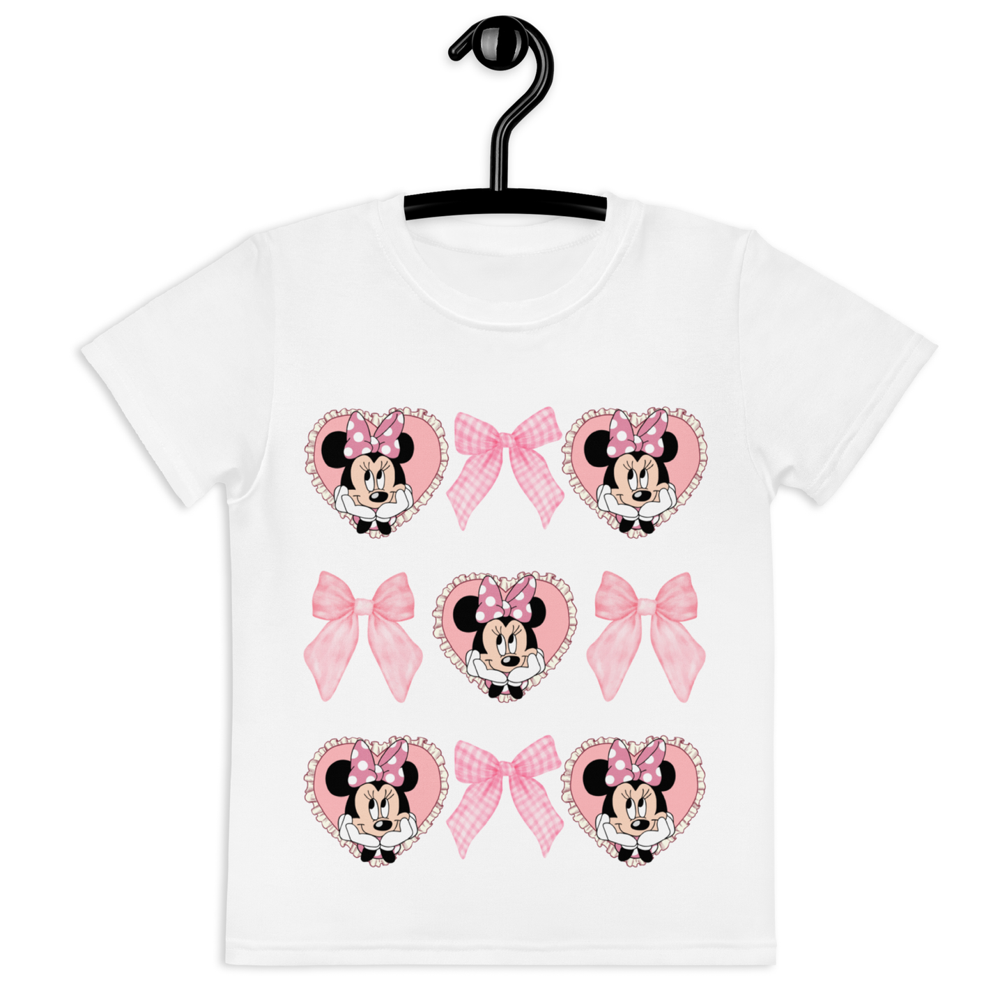 Stylish coquette-themed Minnie Mouse shirt for girls with a printed graphic of hearts and bows, perfect for Disney holidays.