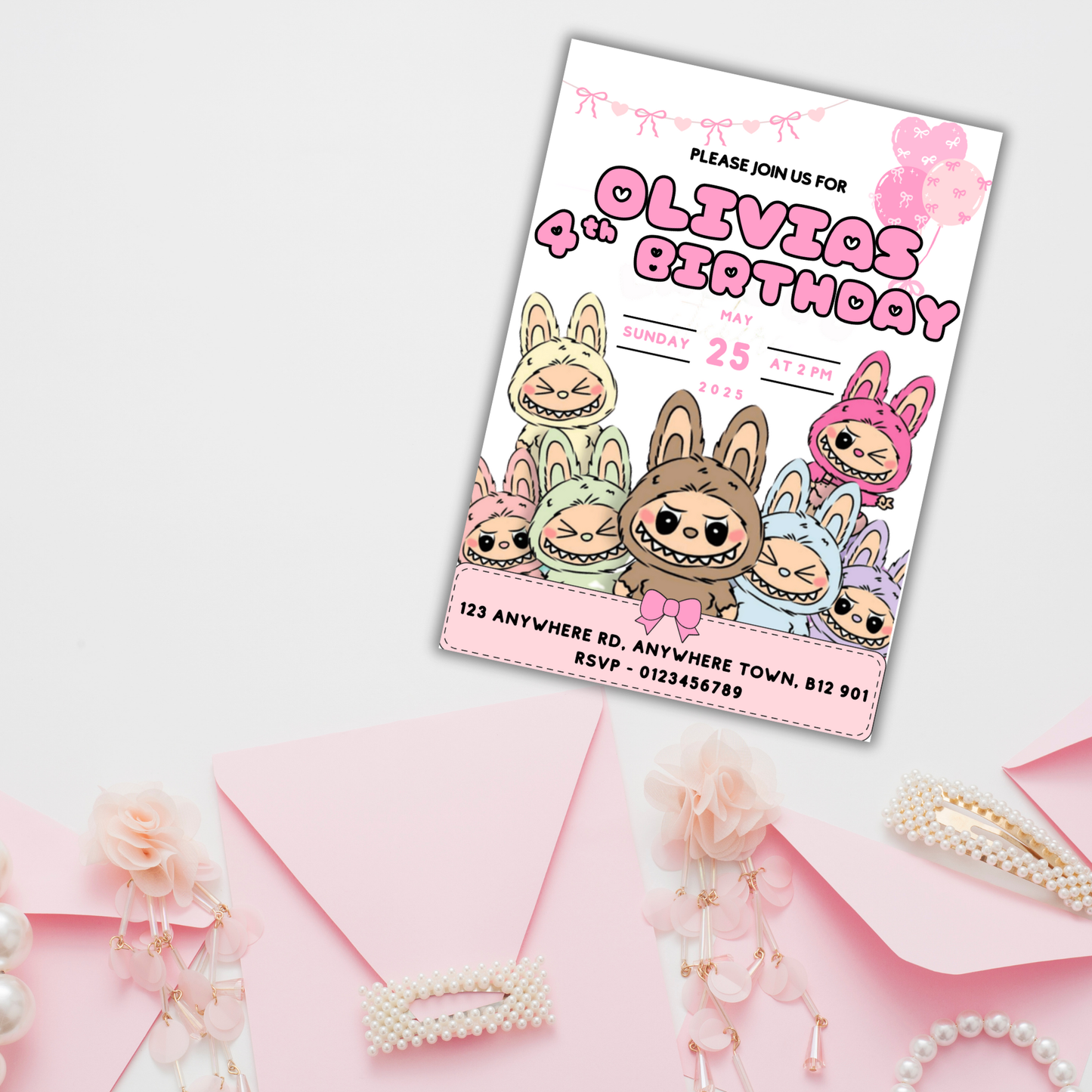 “Labubu birthday invitation template with kawaii bow decorations”