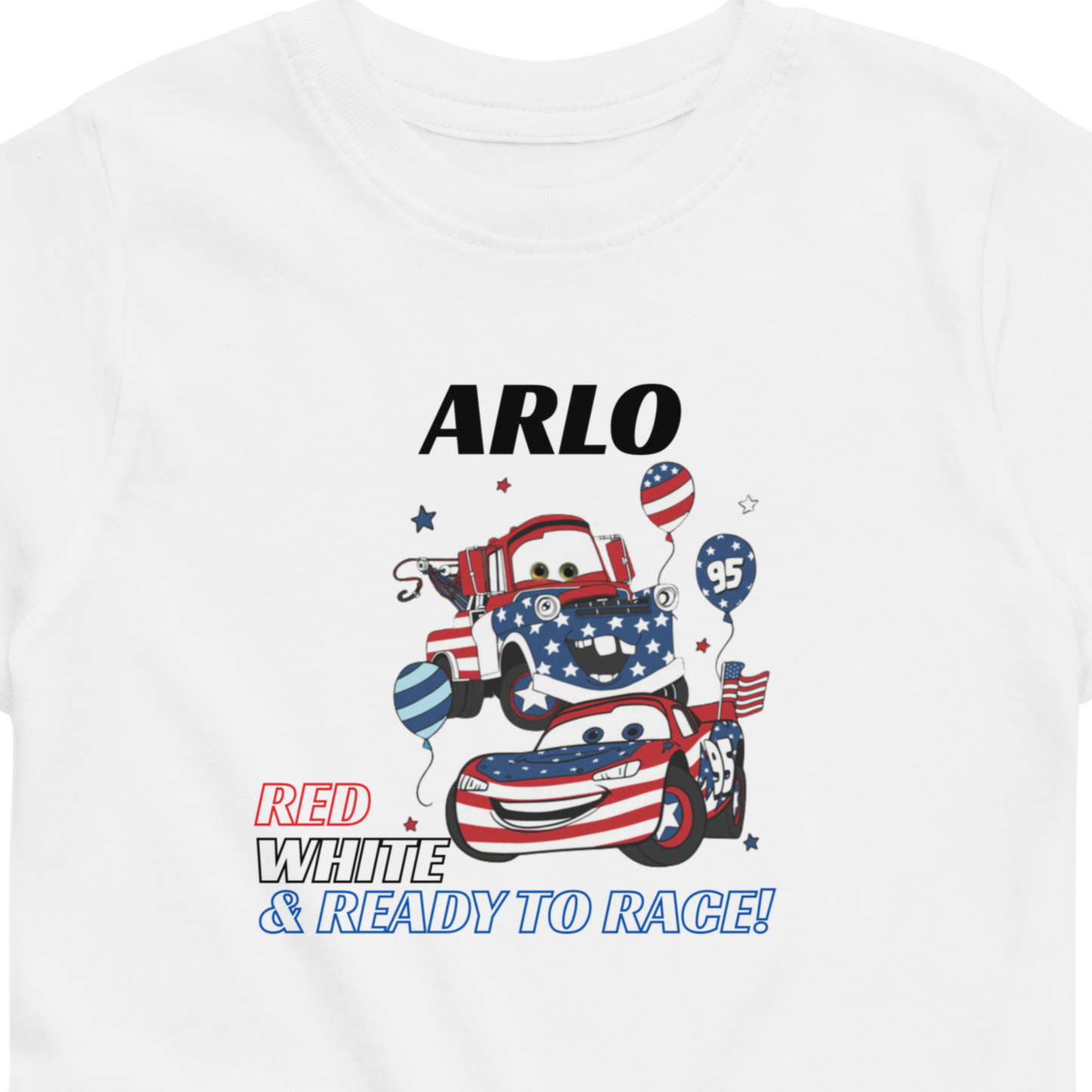 Front view of personalised Disney Cars 4th of July shirt for kids
Red toddler shirt featuring Lightning McQueen, Mater and custom name