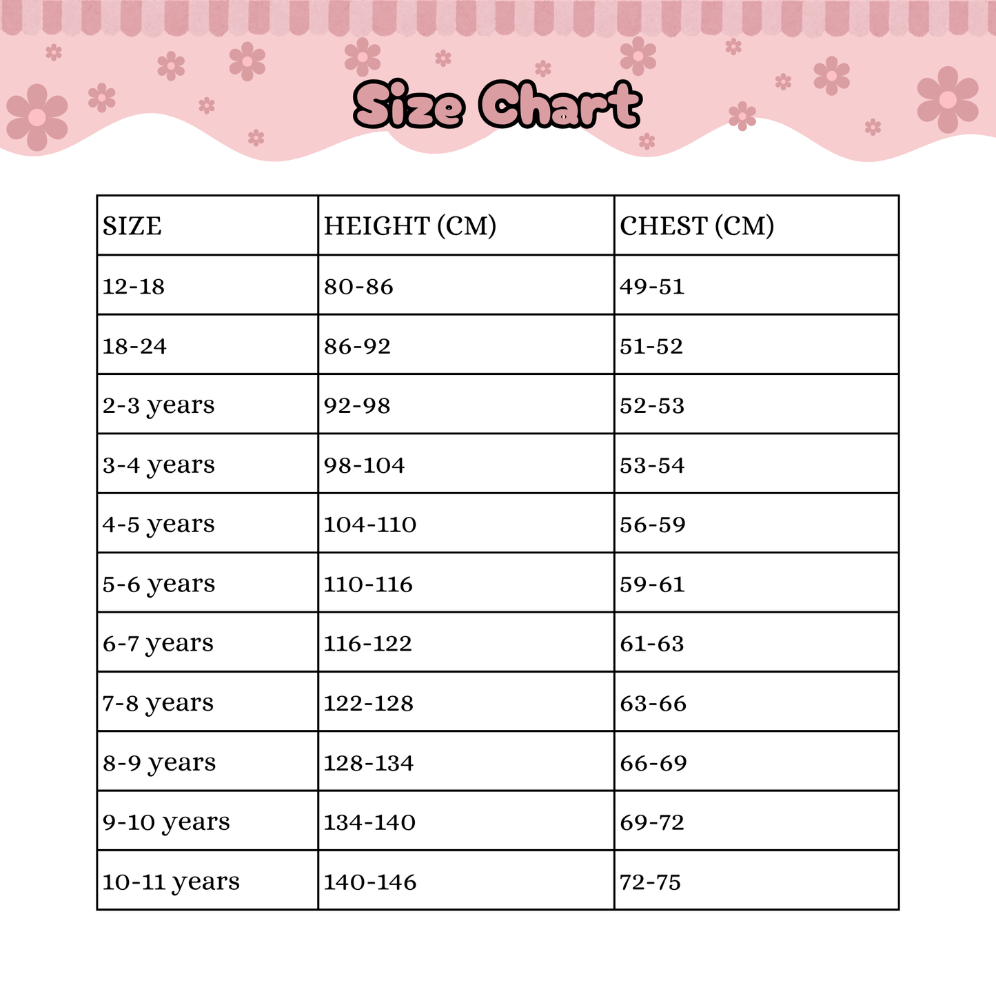 Size chart for children's clothing with height and chest measurements on a pink floral border.