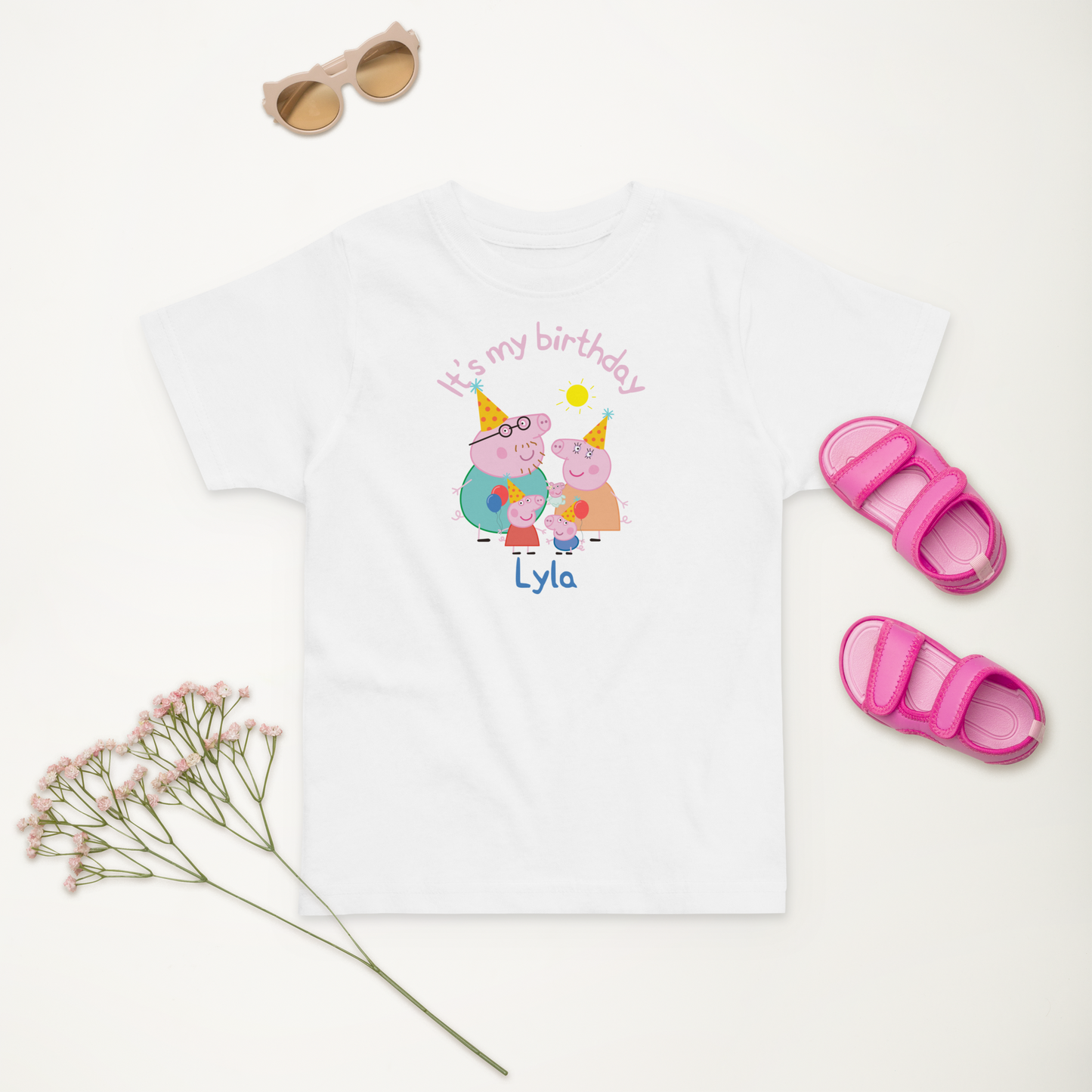 Full front view of customised birthday shirt with Peppa Pig family design, ideal for young children's parties, complete with name and birthday celebration text.