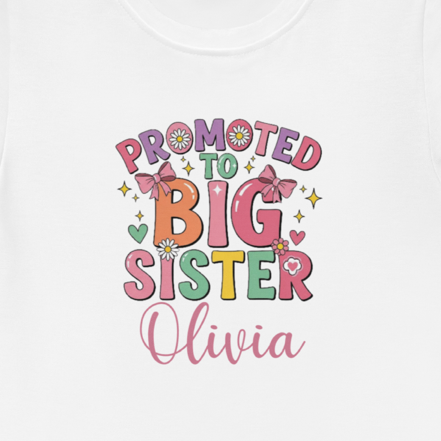 Show off the big sister pride with this custom name t-shirt! Designed for comfort and style, it’s the perfect way to announce the exciting news.