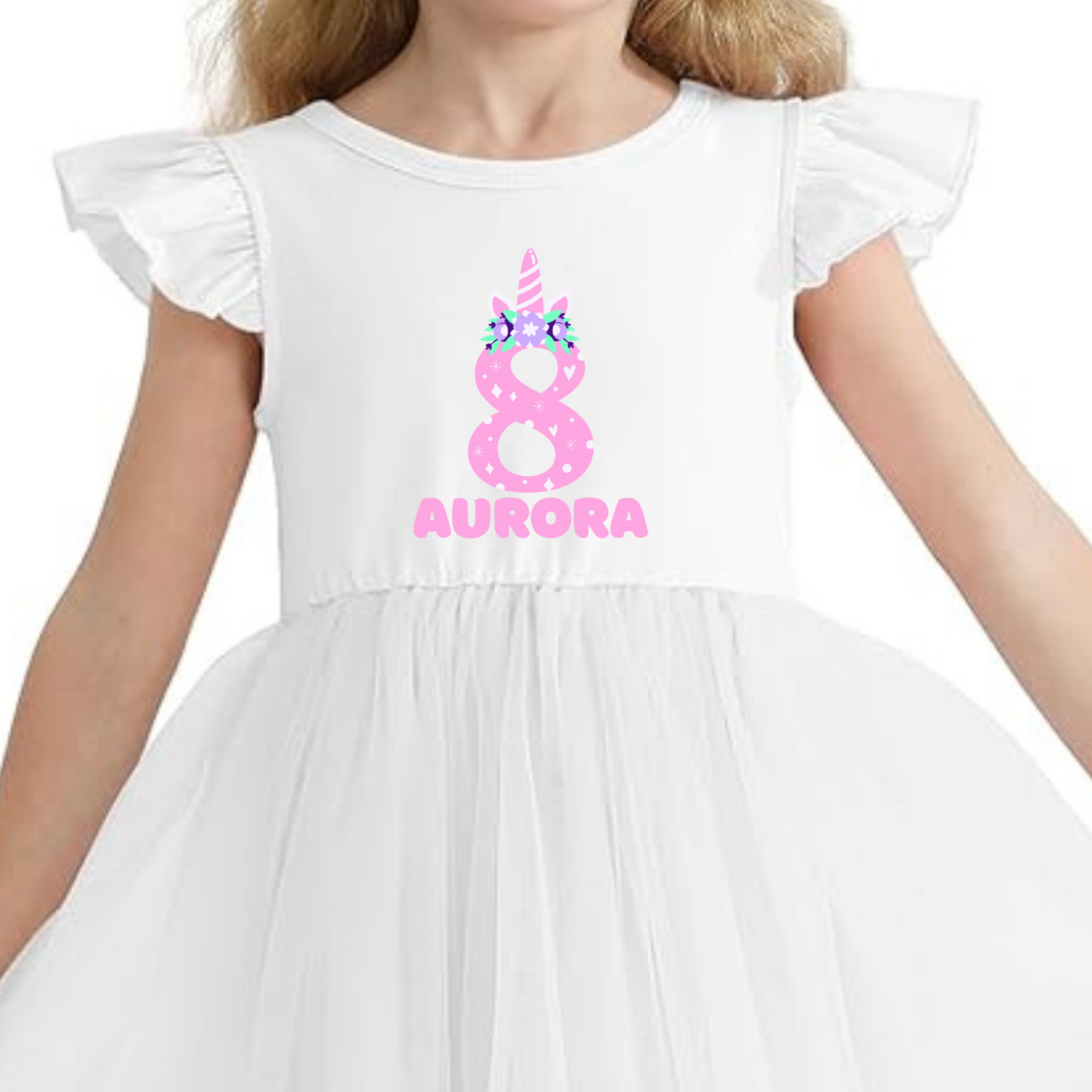Pink and purple unicorn dress for birthday party, custom printed with name