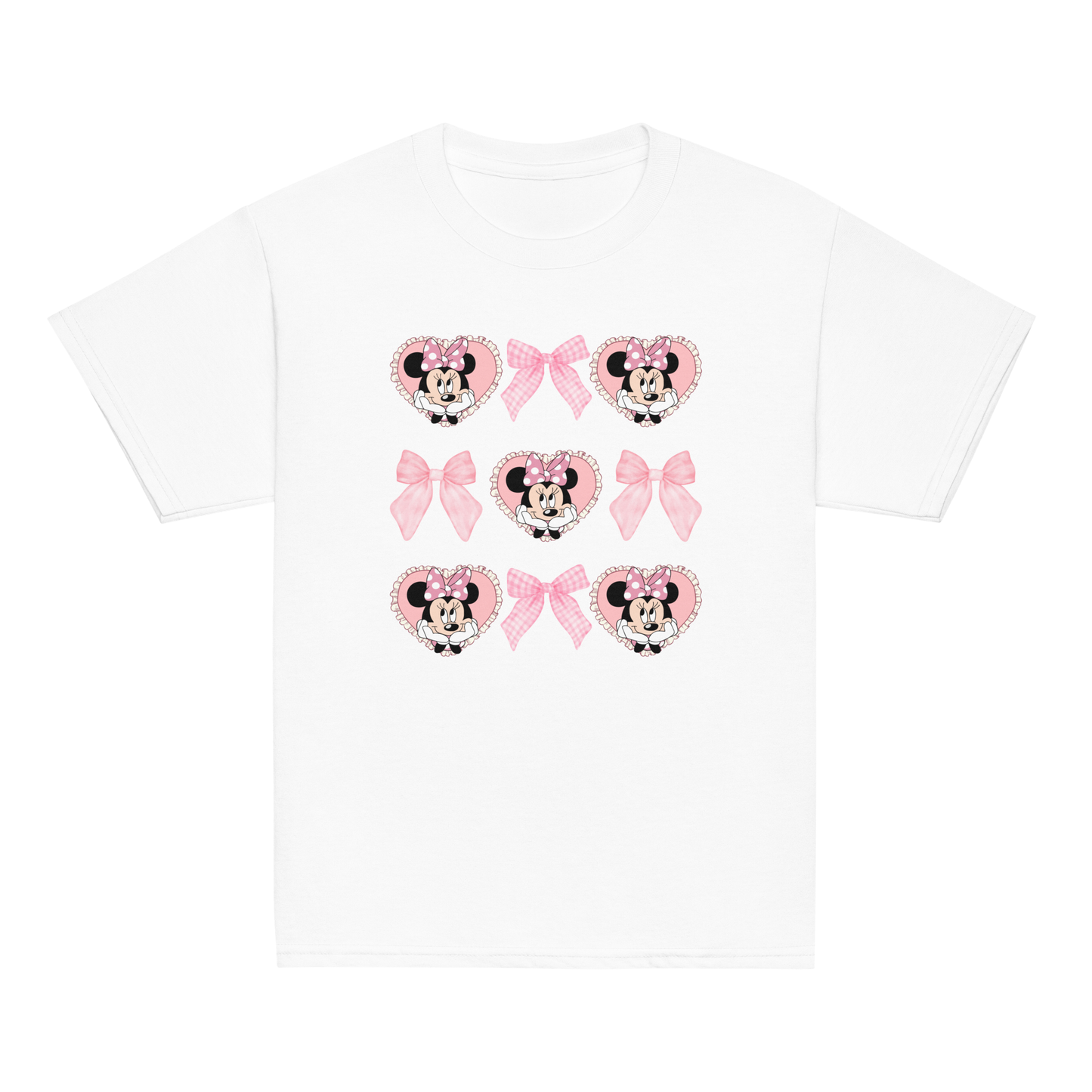Customisable girls Minnie Mouse t-shirt with name and age, featuring pink coquette-style bow and heart prints.