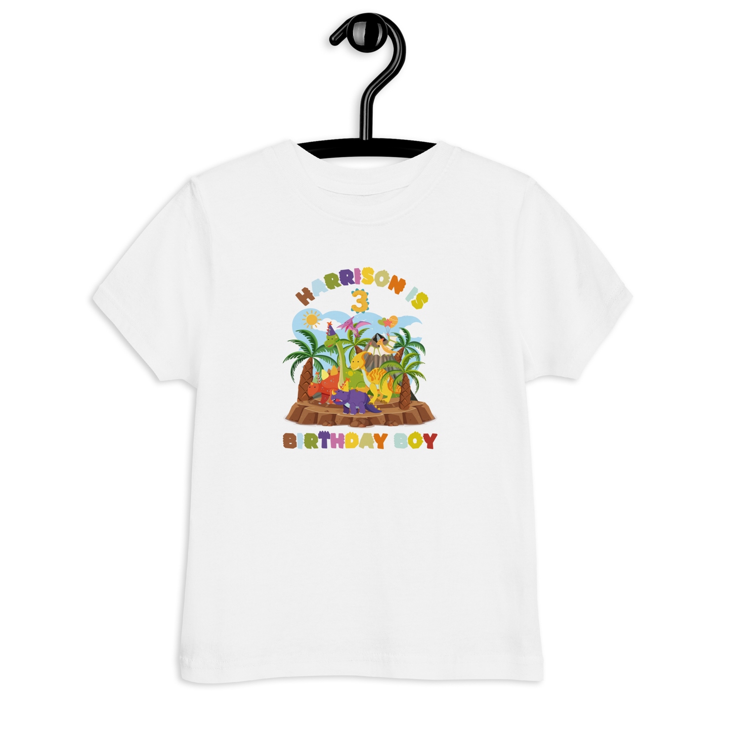 Roaring dinosaur birthday shirt featuring custom name and age