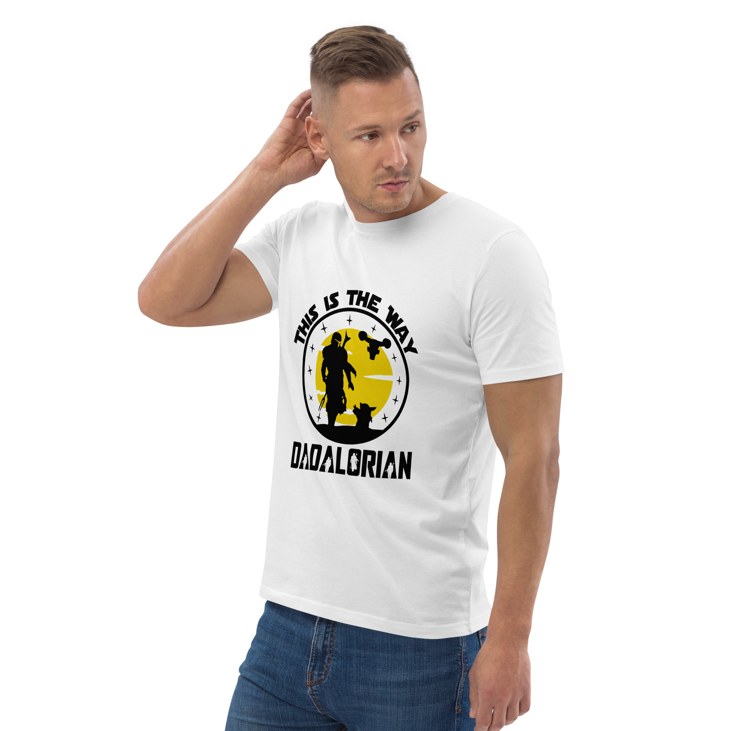 Casual tee with “Dadalorian” lettering and tribute to The Mandalorian series