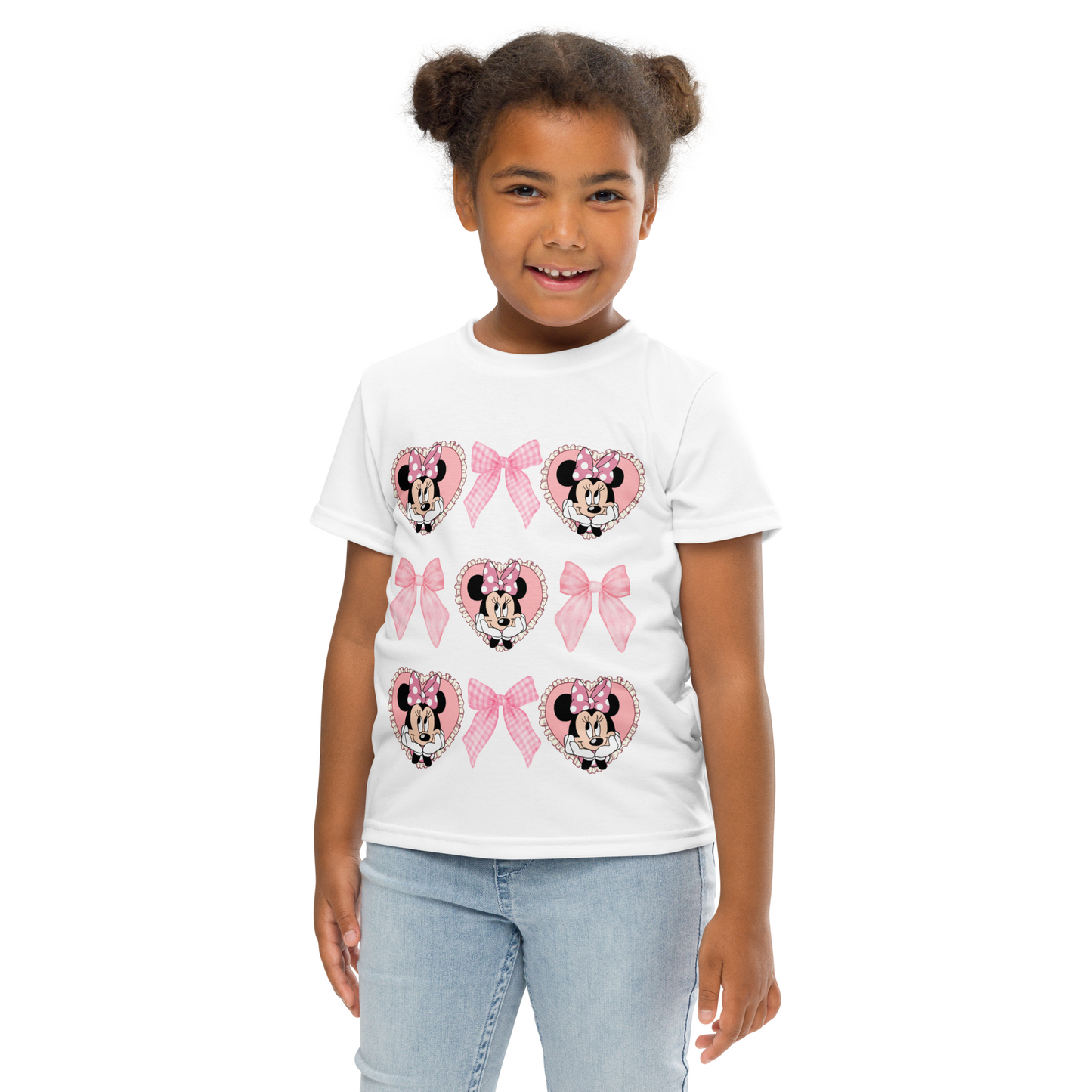 Birthday Minnie Mouse t-shirt with soft pastel colours and coquette design, including bows, hearts, and cute Minnie details.