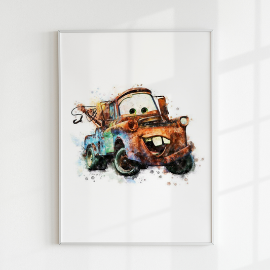Toddler bedroom prints with Cars characters and custom name on one print Red and yellow Disney-themed wall decor set for child’s room