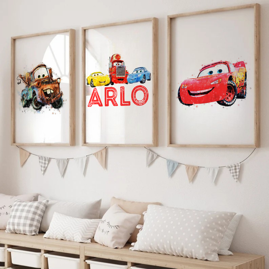 Set of three Disney Cars-themed wall prints including Lightning McQueen
Personalised kids wall art featuring name and Disney Cars design