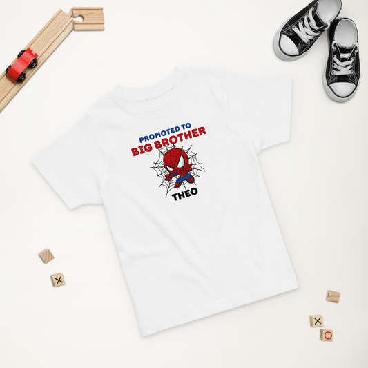 Kids' t-shirt with “Promoted to Big Brother” and Spiderman graphic, personalised with name
