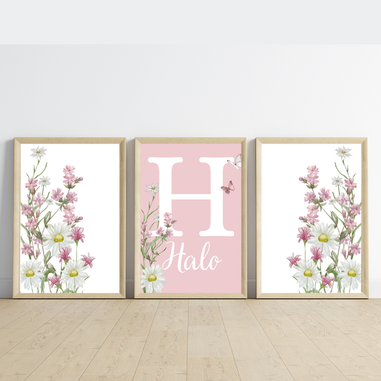 Set of 3 wildflower prints with personalised name

