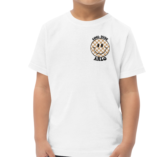 Custom kids T-shirt with Cool Dude text, front smiley design and back motorbike print