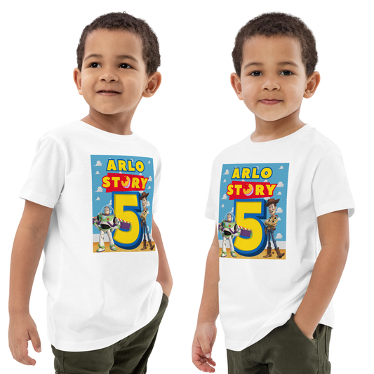Toy Story-themed birthday shirt for children, includes bright print of Buzz and Woody with personalised name and number design.