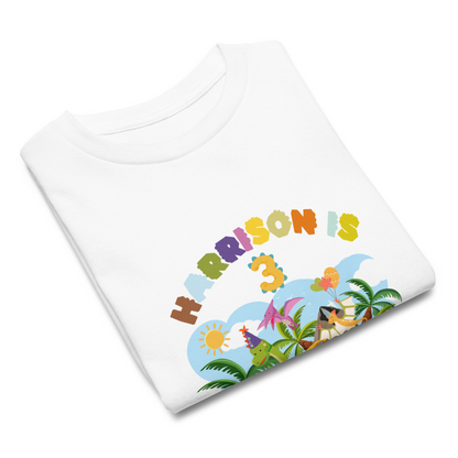 Girls’ dinosaur birthday party shirt with custom age and pastel design

