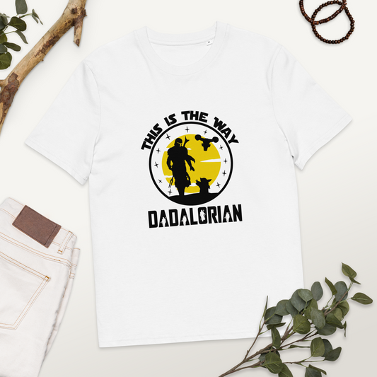 Men’s t-shirt with "Dadalorian" text and Mandalorian helmet graphic above the words "This is the way