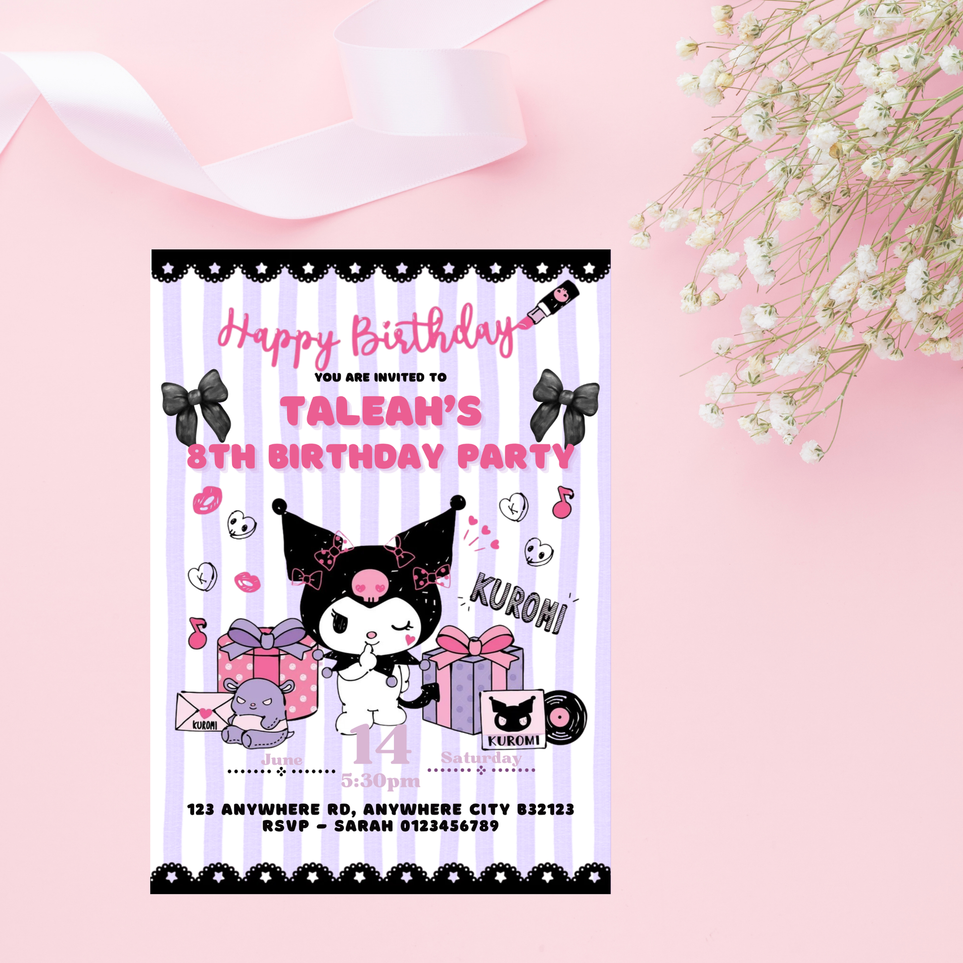 Customisable kawaii birthday template with cats and fun pastel colors


