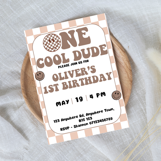 Printable boys first birthday invite with cool dude theme and digital format