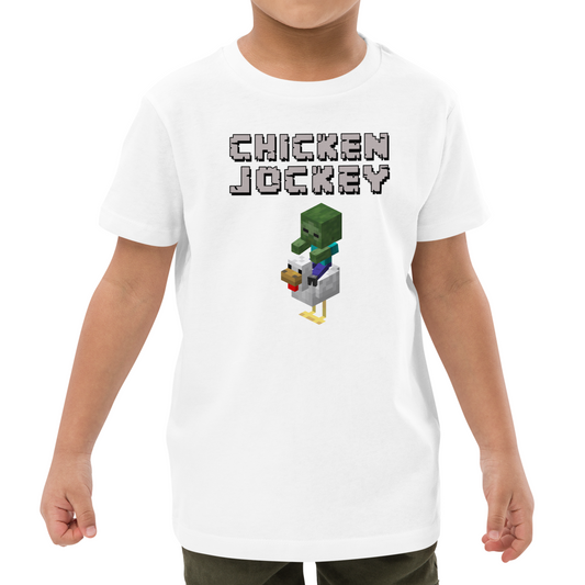  Funny gaming t-shirt for toddlers with cartoon-style zombie riding a chicken graphic printed on the front.