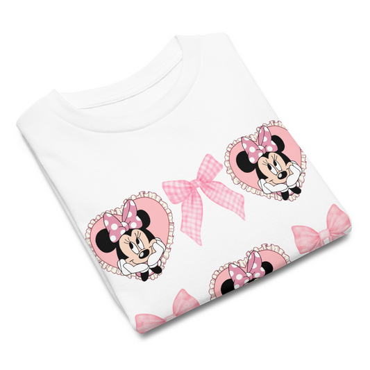  Girls Minnie Mouse t-shirt with coquette design featuring pink bows and hearts, ideal for Disney vacations or birthdays.