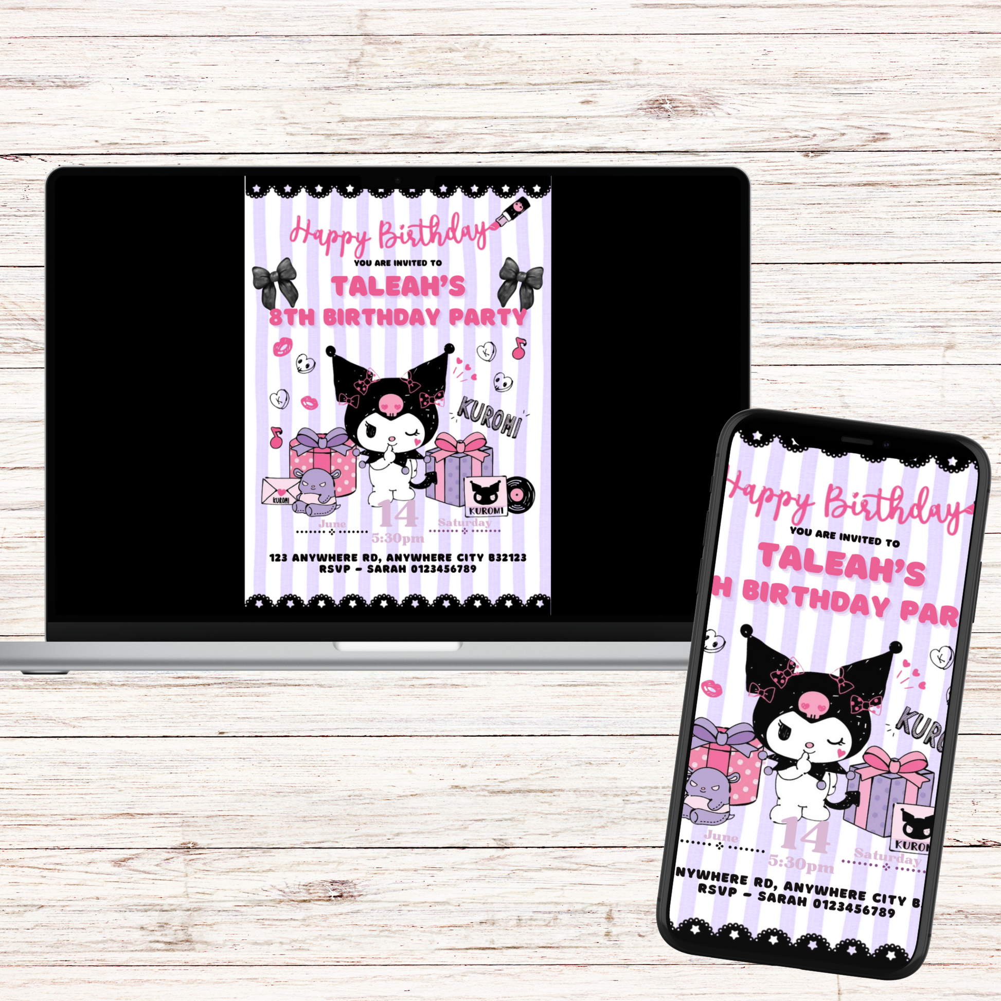 Pastel-colored digital invite for girl’s birthday party, kawaii kitty style

