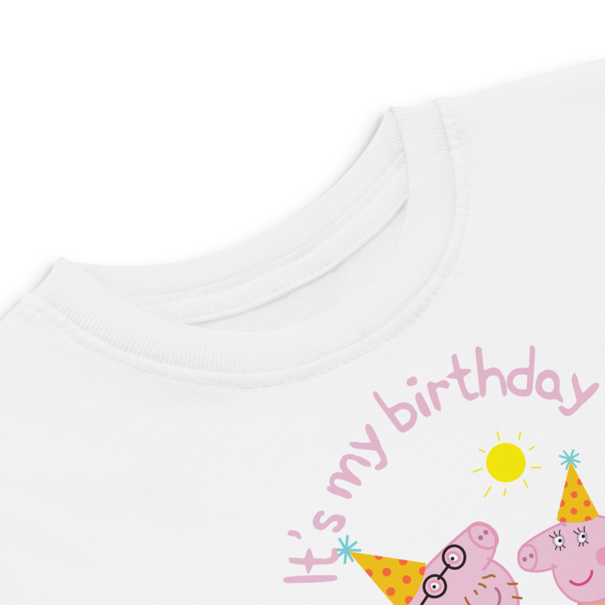 Detail shot showing high-quality printing of a Peppa Pig birthday t-shirt for kids, with smooth fabric, vibrant colours, and clear custom text.