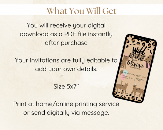 "First birthday invitation with leopard animal illustrations and pink cupcake"

