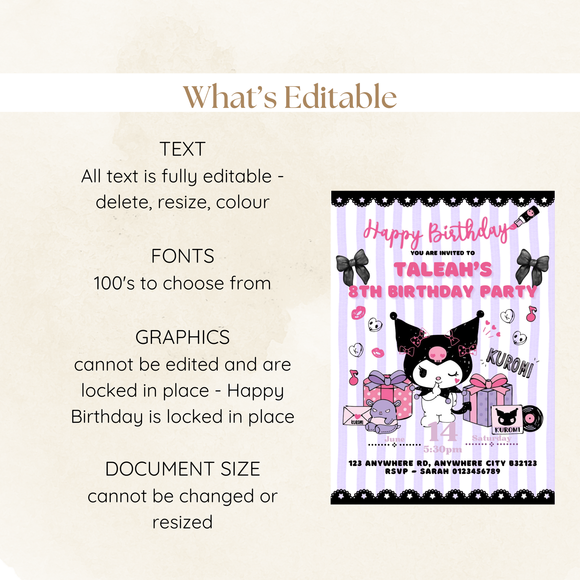 Editable digital birthday invite featuring kawaii cat characters and pastel theme

