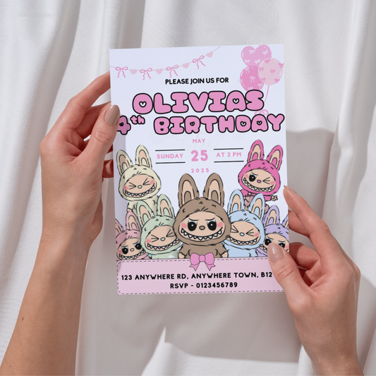 “Editable girls birthday card featuring Labubu and cute coquette bows”