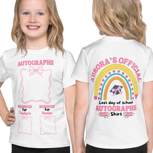 Back view showing customizable name area for a personalized last day of school girls’ t-shirt.