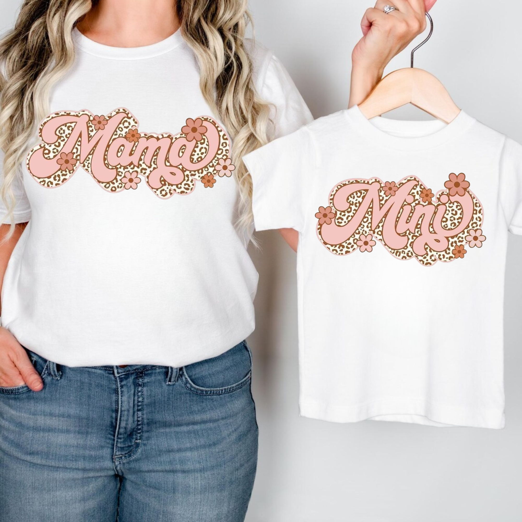 Mommy and toddler outfit with leopard print graphic and matching wording
