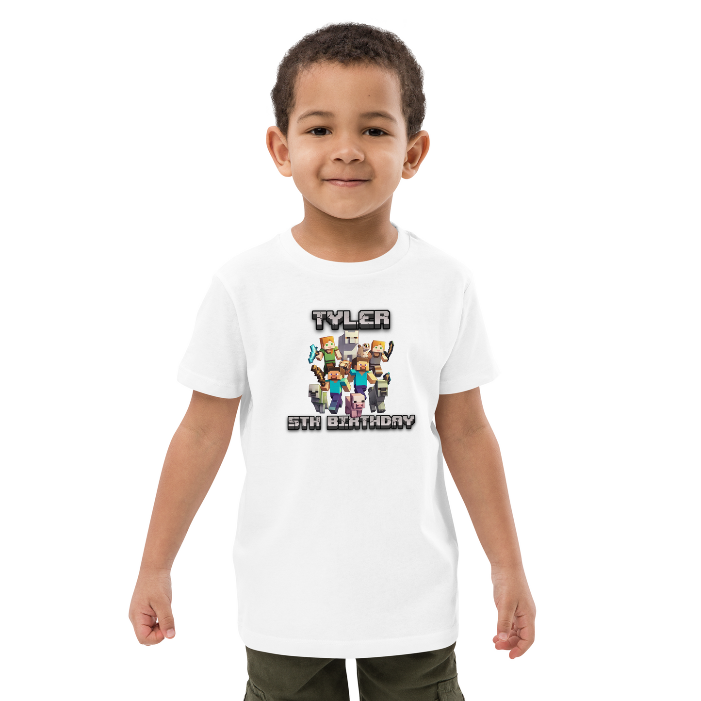 Minecraft custom birthday shirt with personalised name and age, a fun and unique gift for kids' birthdays or parties.