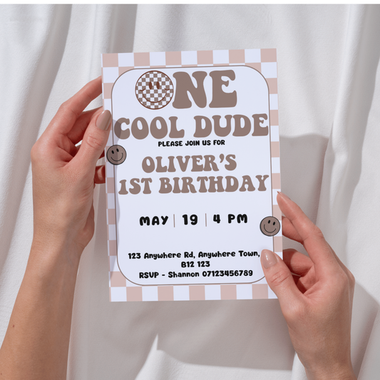 Modern boys birthday invitation with One Cool Dude text and sunglasses graphic
