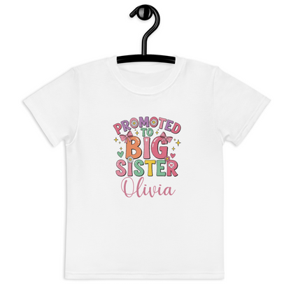 Perfect for sibling announcements and big sister gifts, this personalised t-shirt features “Promoted to Big Sister” and your child’s name.

