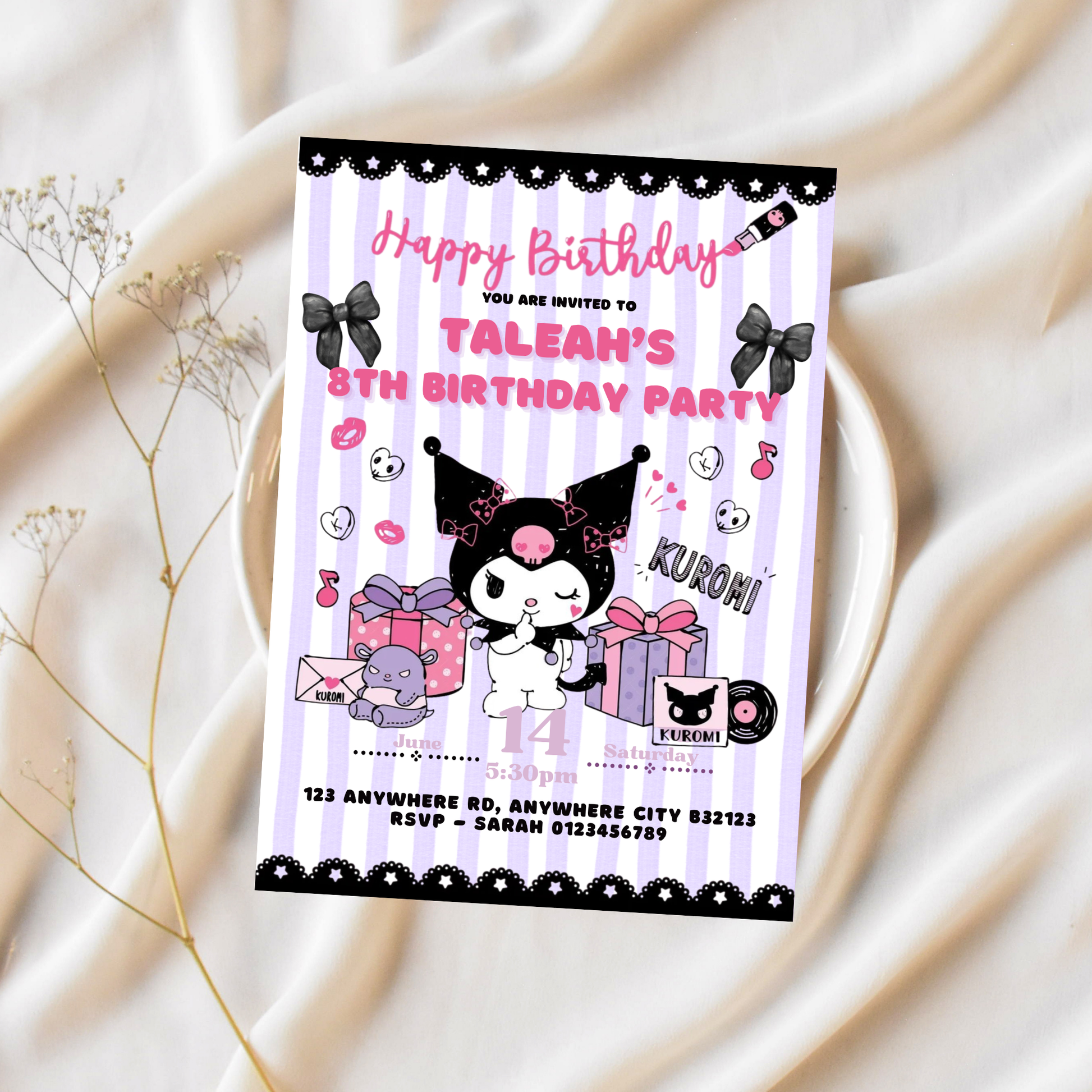 Cute girls birthday evite with kawaii cats and soft pink party design

