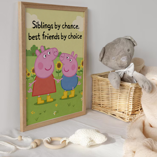 Peppa Pig and George wall art print displayed on a nursery wall, perfect for siblings’ bedroom decor