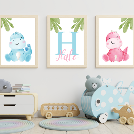 Set of 3 personalised dinosaur prints for nursery wall

