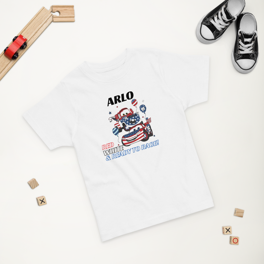 Close-up of personalised Lightning McQueen t-shirt design for Independence Day

Kids summer holiday shirt with Disney Cars characters and 4th of July slogan