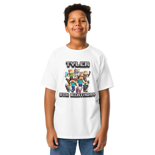 Custom Minecraft birthday t-shirt with name and age, perfect for boys' birthday parties, Minecraft events, or as a fun gift.