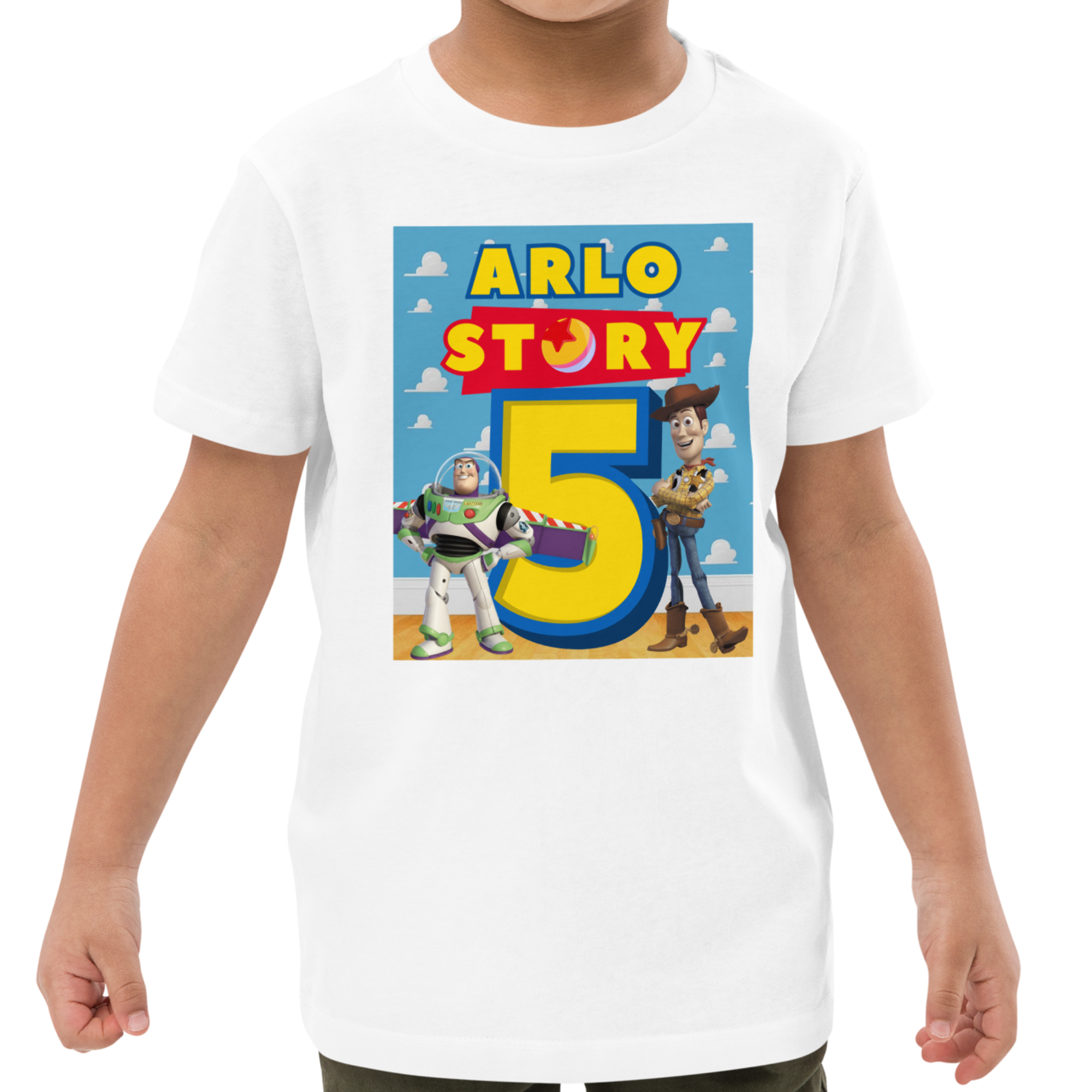  Personalised Toy Story birthday shirt for 1st, 2nd, or 3rd birthday, includes child's name and age in bold design with Buzz and Woody.
