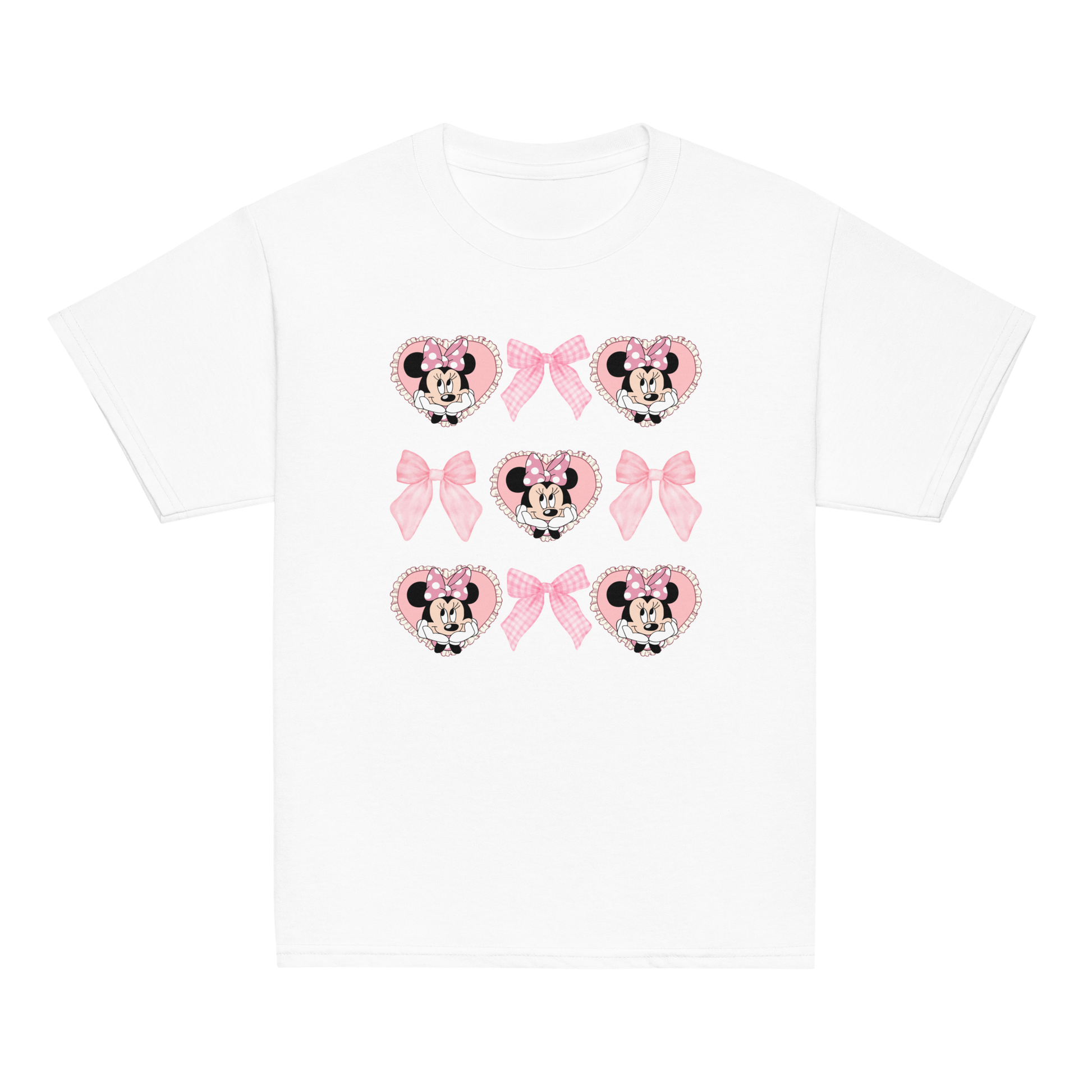 Customisable girls Minnie Mouse t-shirt with name and age, featuring pink coquette-style bow and heart prints.