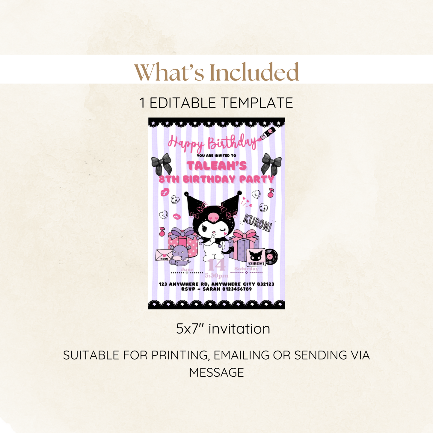 Printable kawaii party invitation with kitty theme and custom name fields

