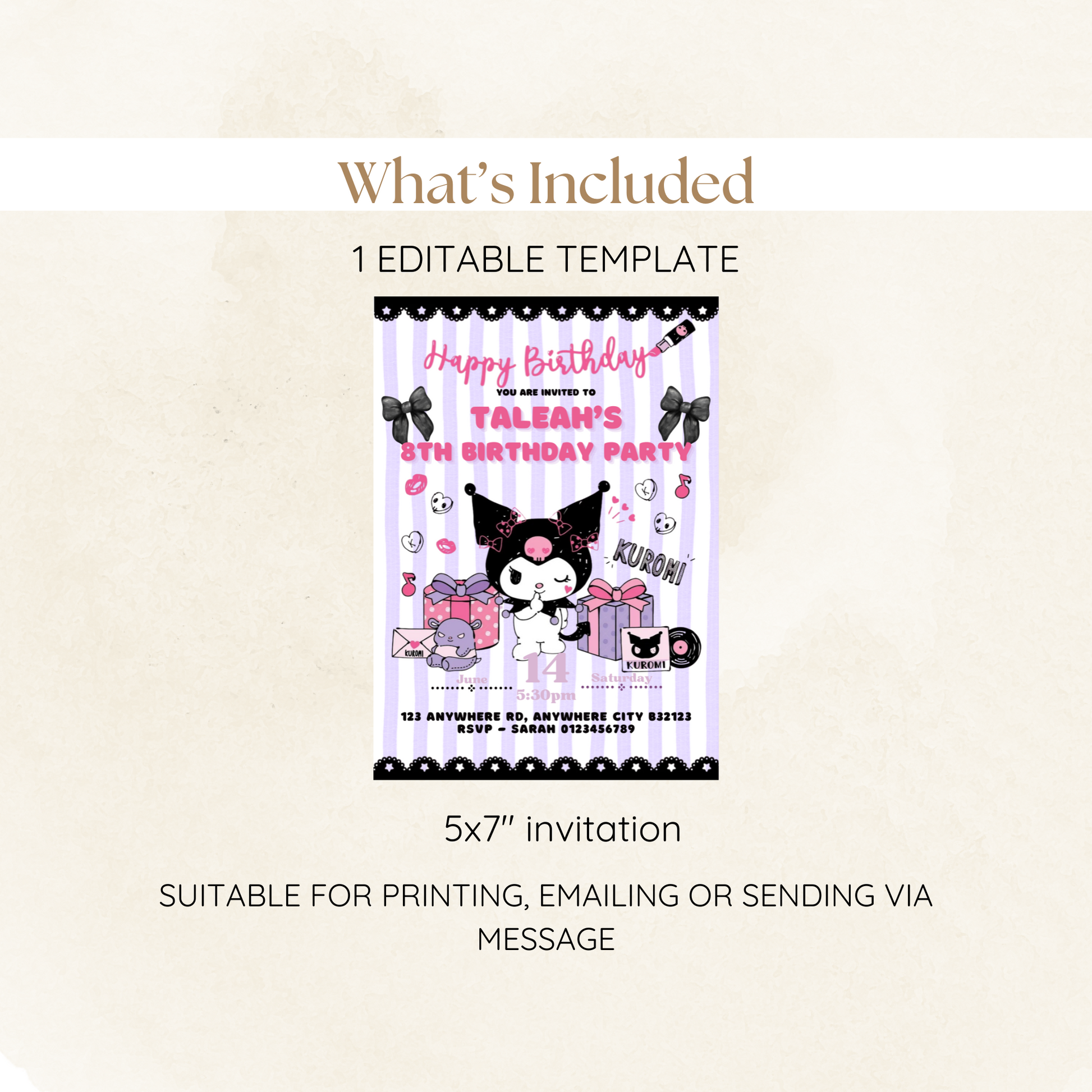 Printable kawaii party invitation with kitty theme and custom name fields

