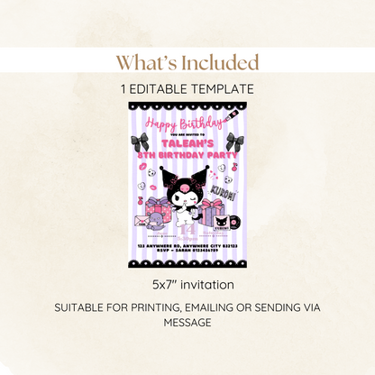 Printable kawaii party invitation with kitty theme and custom name fields

