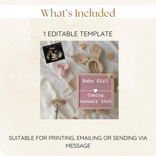 Minimalist baby girl coming soon sign for social media pregnancy reveal