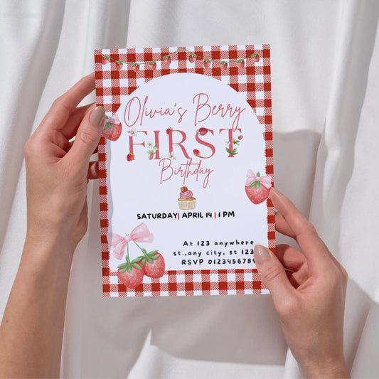Printable strawberry-themed invite with cute gingham pattern