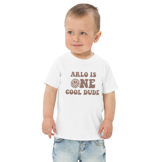 Editable name birthday shirt for toddlers, One Cool Dude theme
